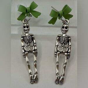 SILVER TONE GIRLY SKELETON DANGLE GREEN BOW EARRINGS HANDMADE PASTEL GOTH PUNK
